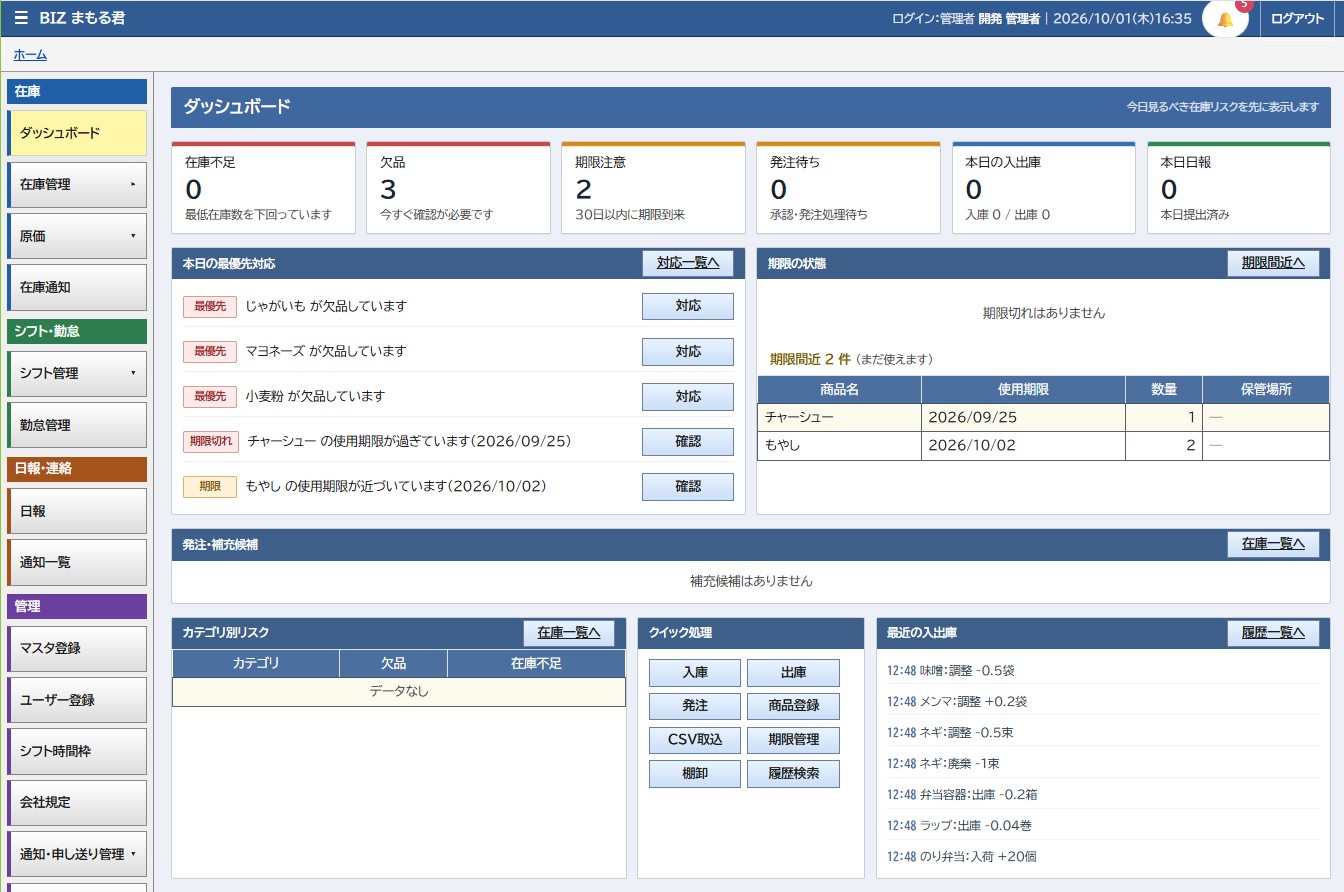 在庫管理システムの実際のPCダッシュボード画面。在庫リスク・期限の状態・発注候補を一覧表示