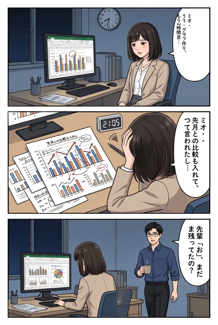 グラフや分析について会話する登場人物を描いた解説漫画